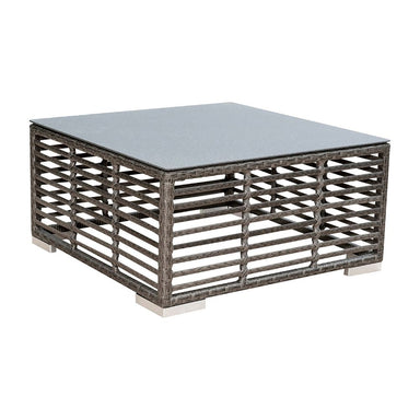 Square outdoor table with lattice design and glass top on a white background