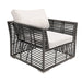 Wicker outdoor chair with white cushions on a white background
