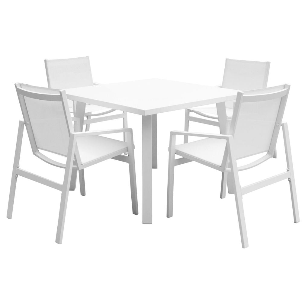 White dining table with four matching chairs on a white background