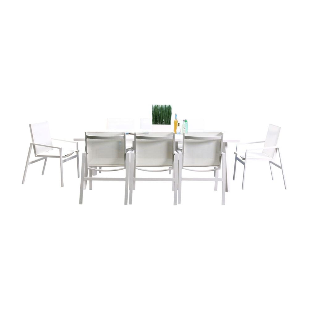 White outdoor table with four matching chairs on a white background