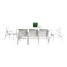 White outdoor table with four matching chairs on a white background