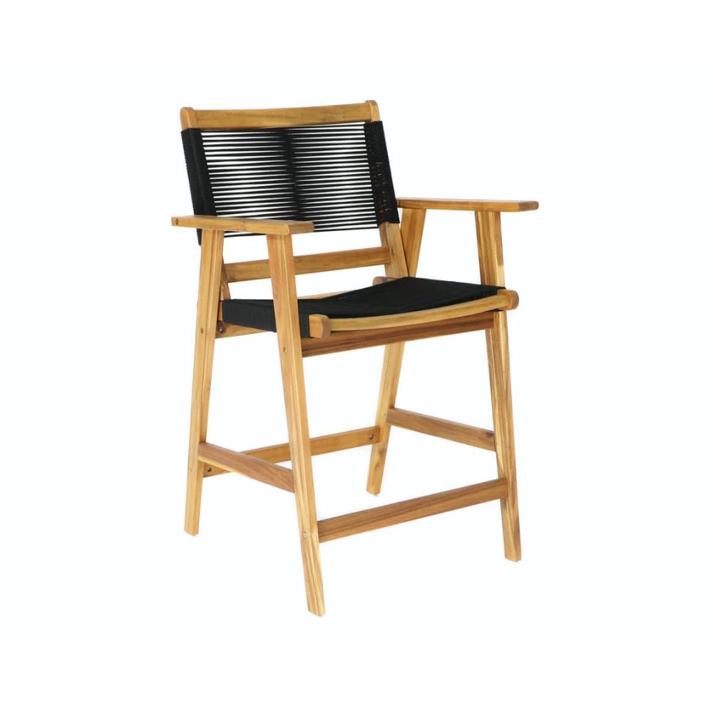 Wooden chair with black woven backrest and seat on a white background