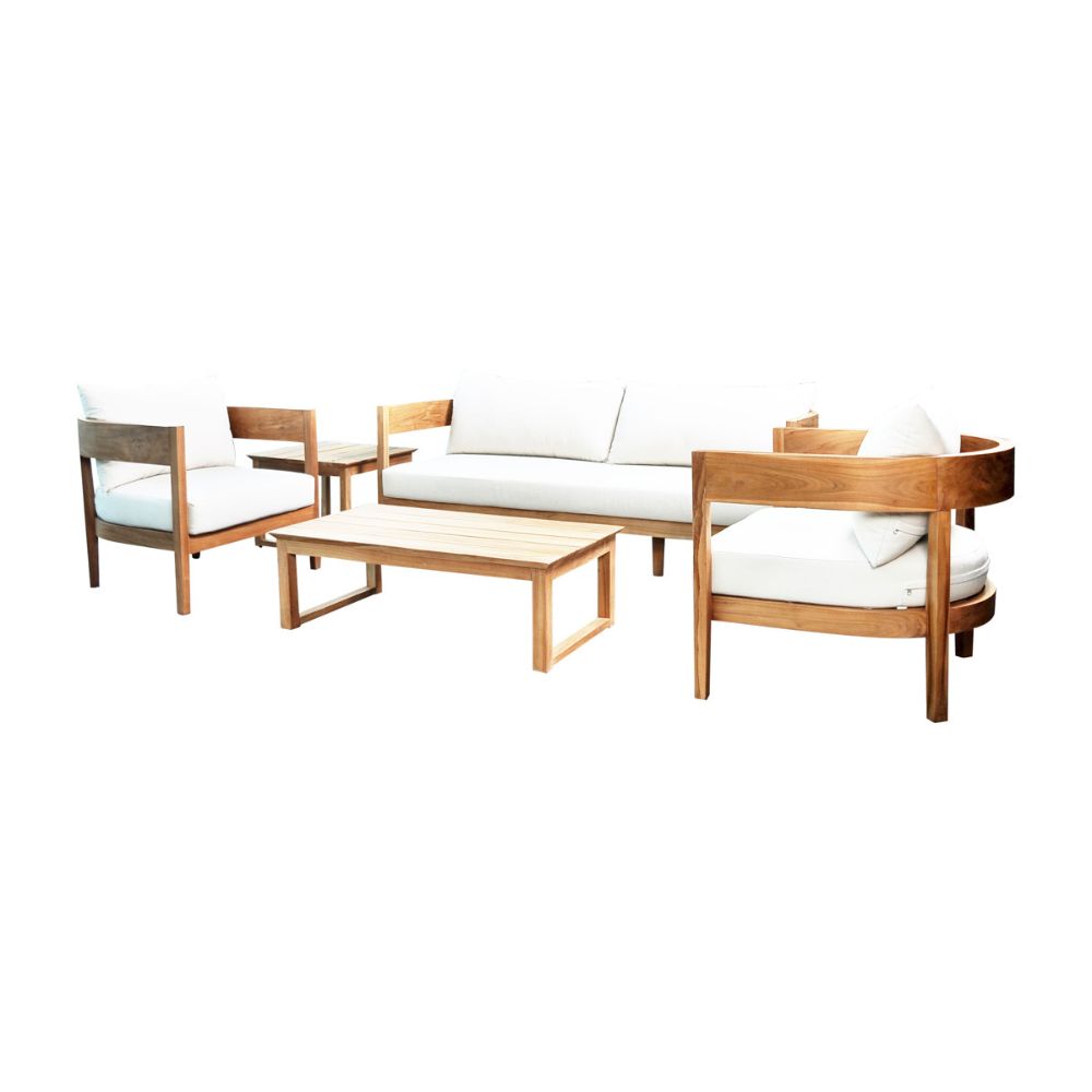 Wooden outdoor furniture set with white cushions on a white background