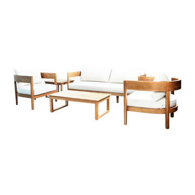 Wooden outdoor furniture set with white cushions on a white background