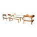 Wooden outdoor furniture set with white cushions on a white background