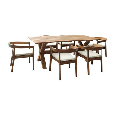 Wooden dining table with four matching chairs on a white background