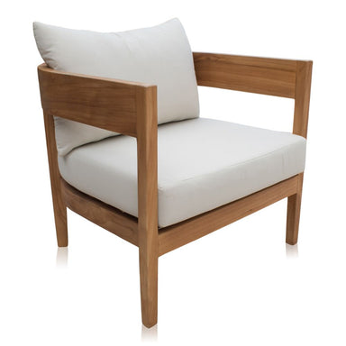 Wooden armchair with white cushions on a white background