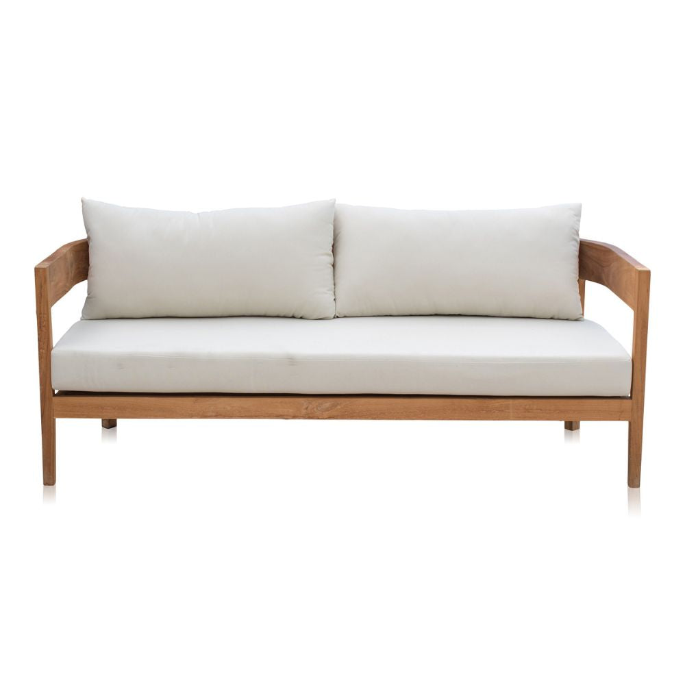 Wooden sofa with white cushions on a white background
