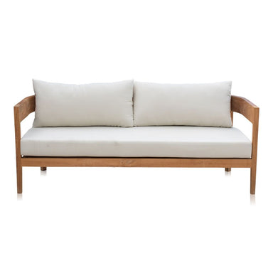 Wooden sofa with white cushions on a white background