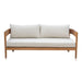 Wooden sofa with white cushions on a white background