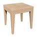 Woven beige side table on a white background