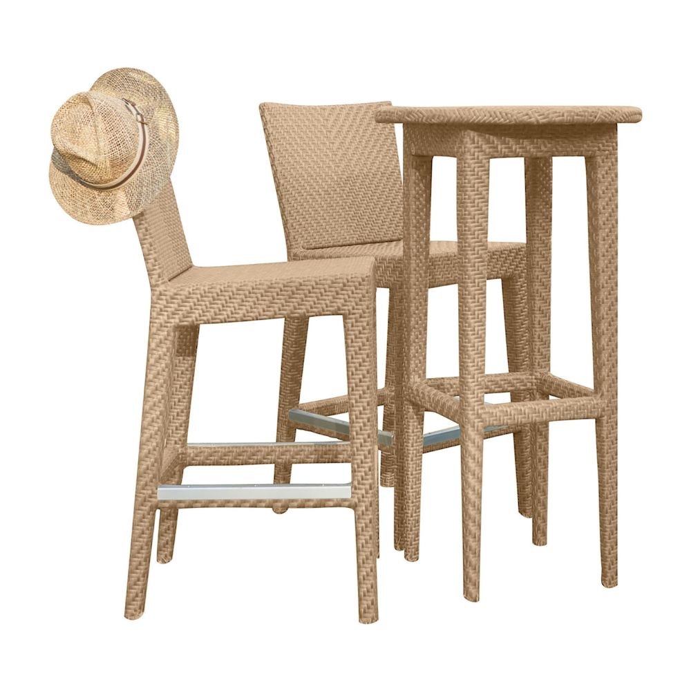 Two wicker bar stools with a small table on a white background