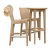 Two wicker bar stools with a small table on a white background