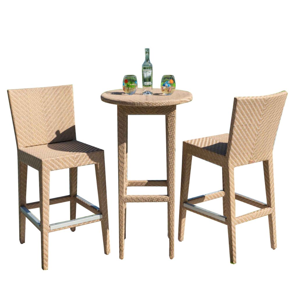 Wicker bar height table with two chairs on a white background