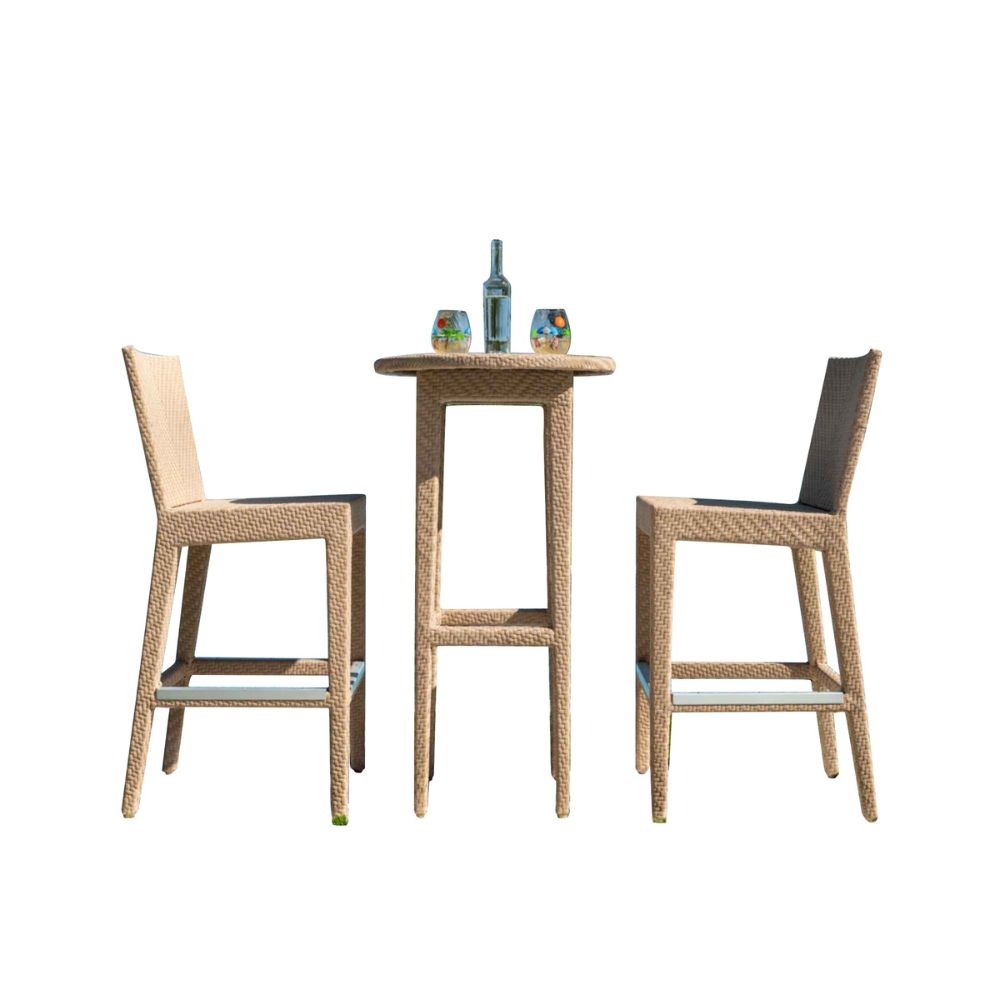 Two wicker bar stools and a matching high table on a white background