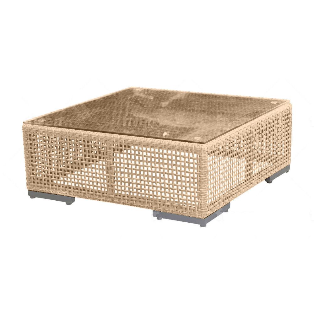 Square woven rattan coffee table on a white background