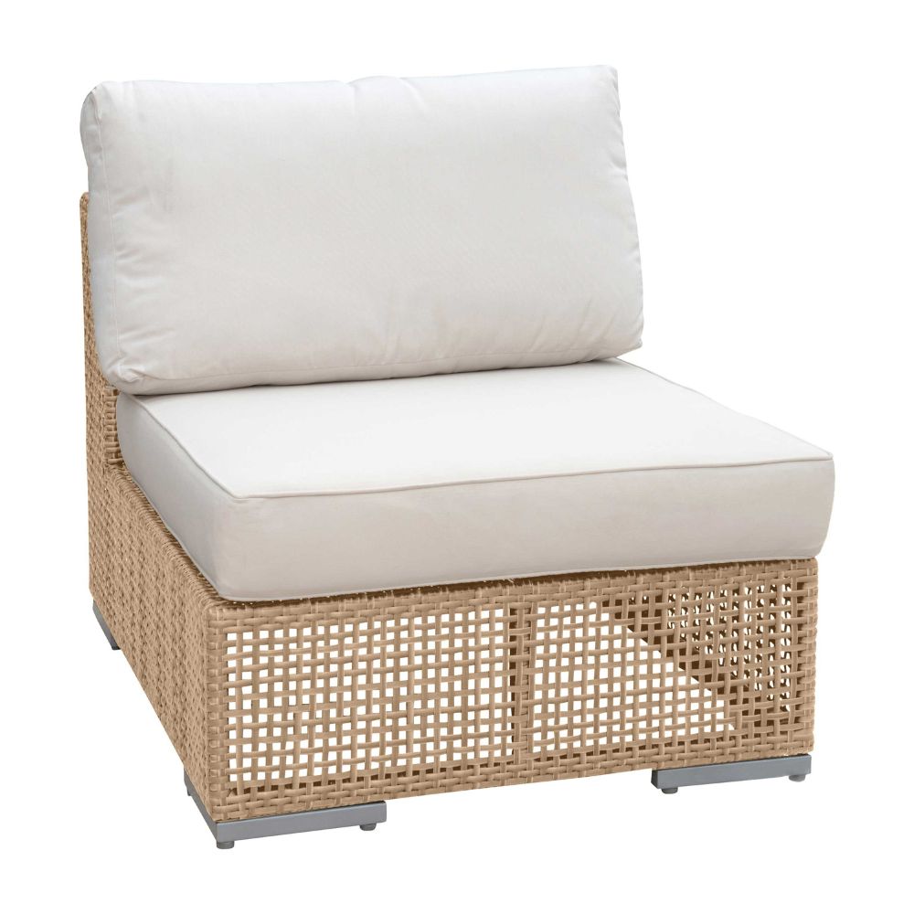 Wicker outdoor chair with white cushions on a white background