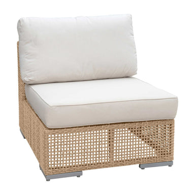 Wicker outdoor chair with white cushions on a white background