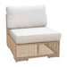 Wicker outdoor chair with white cushions on a white background