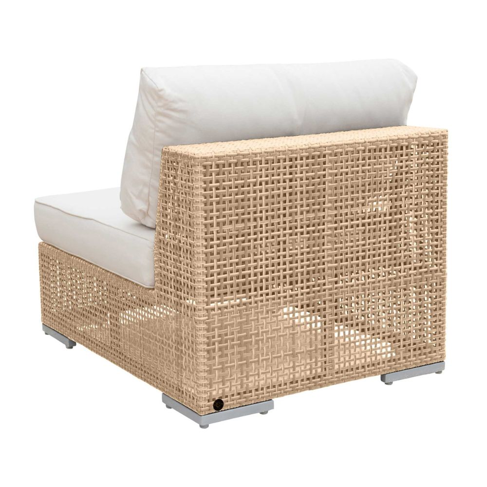 Wicker outdoor chair with white cushions on a white background