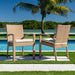 Two wicker chairs with cushions by a poolside with a palm tree in the background.