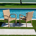 Two wicker chairs by a pool with green grass and a palm tree in the background.