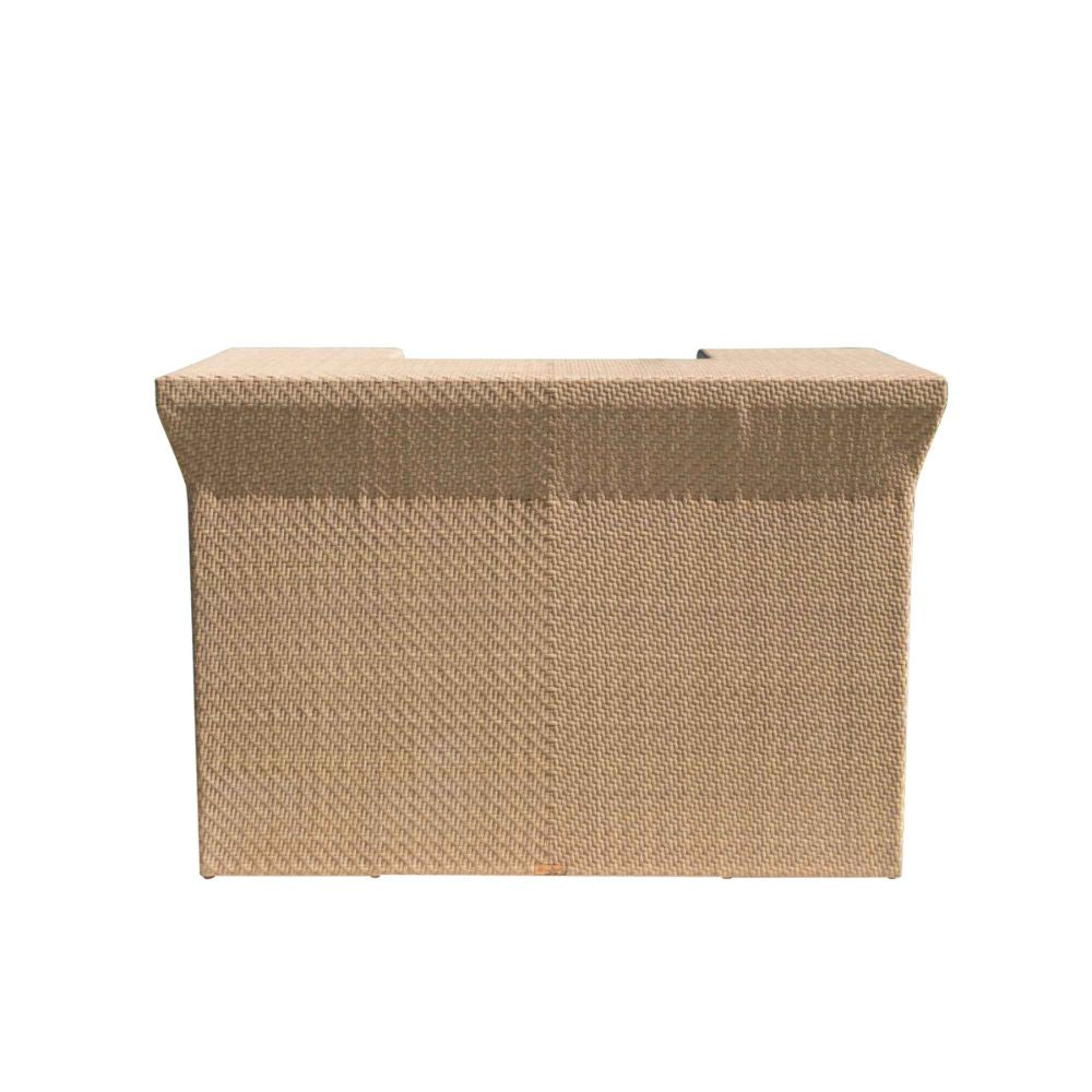 Beige woven storage ottoman on a white background