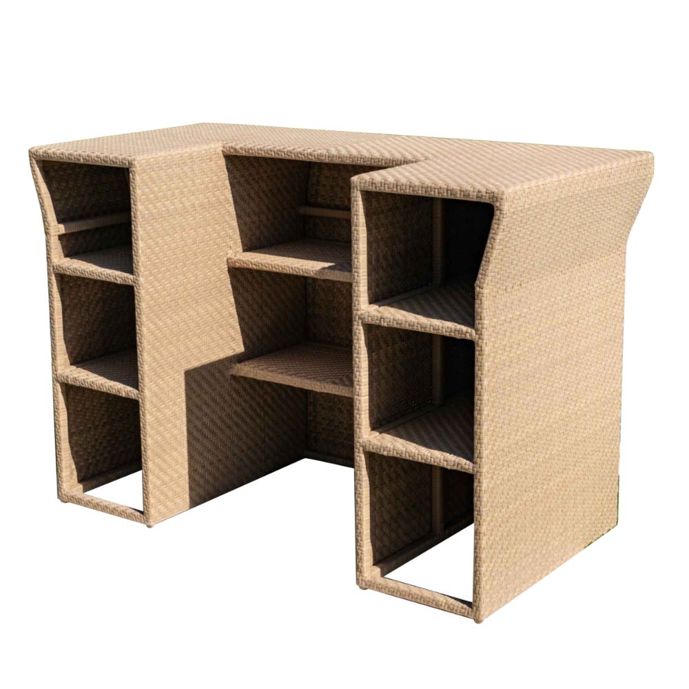 Wicker bar cabinet with shelves on a white background