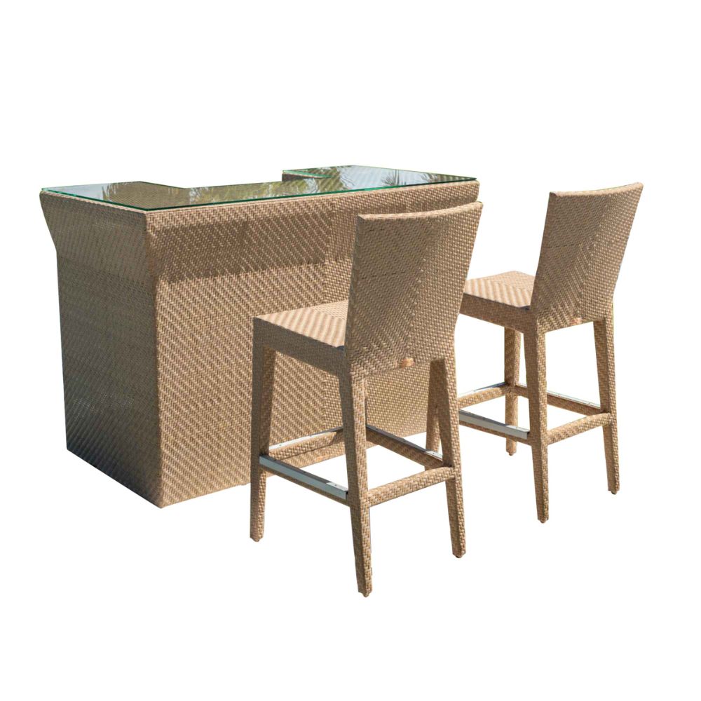 Wicker bar set with glass top table and two stools on a white background