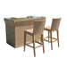 Wicker bar set with glass top table and two stools on a white background