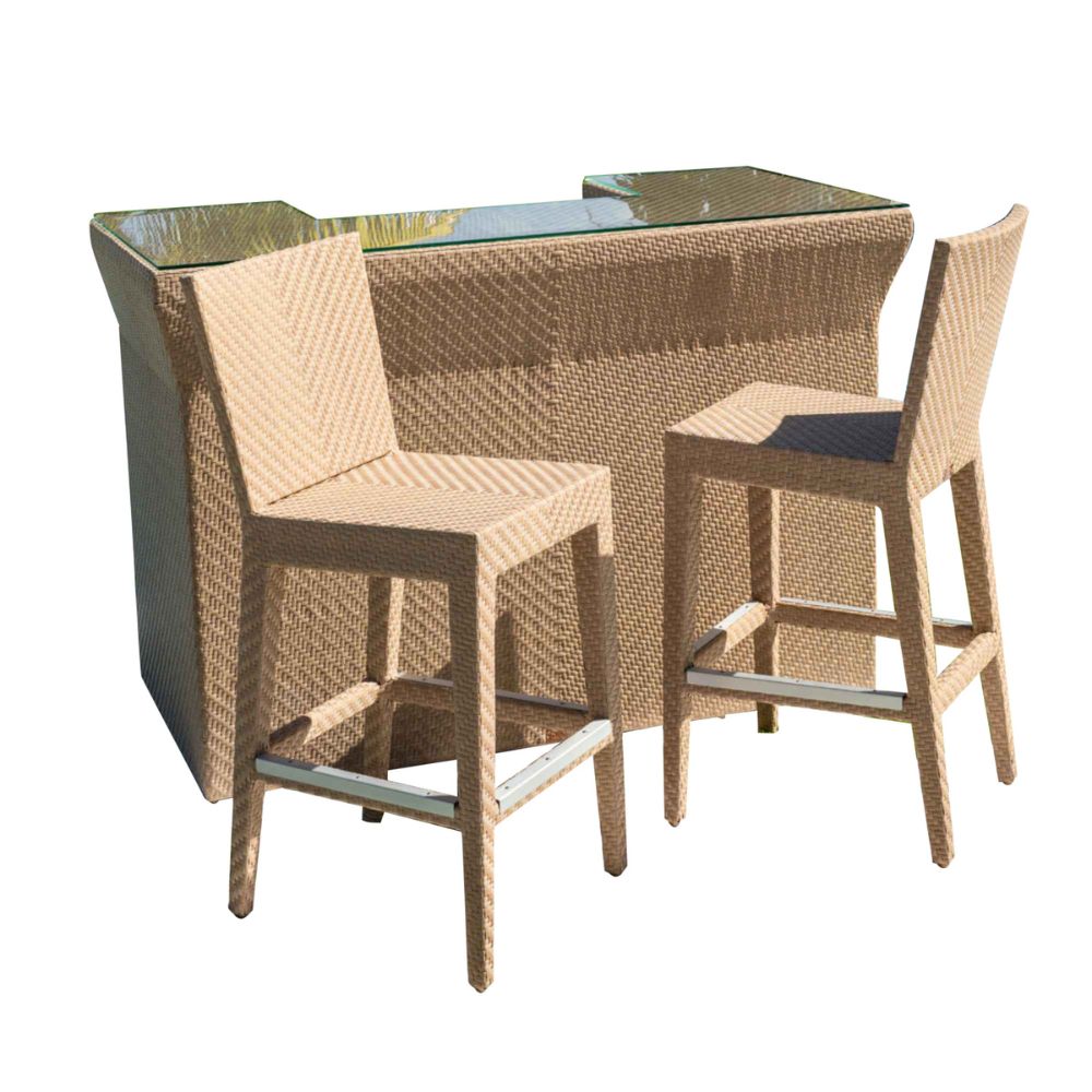 Wicker bar set with two stools on a white background