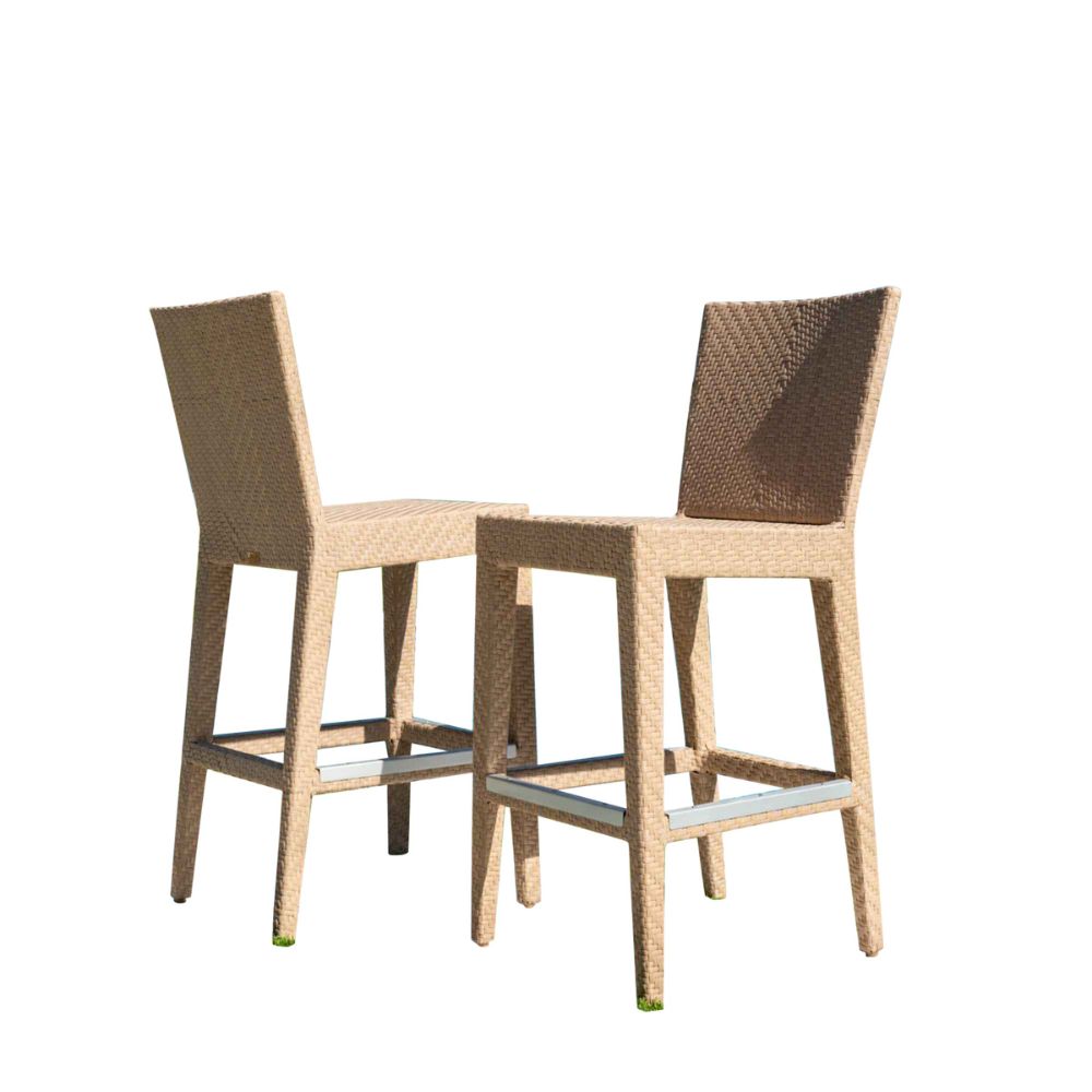 Two woven bar stools on a white background