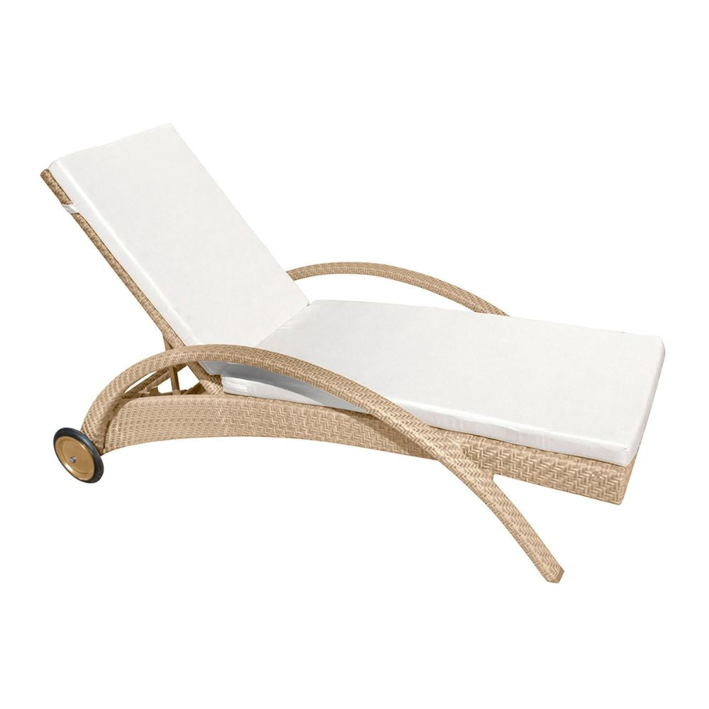 White lounge chair with woven armrests on a white background