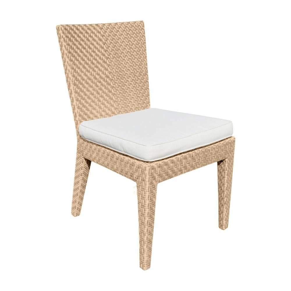 Woven chair with a white cushion on a white background