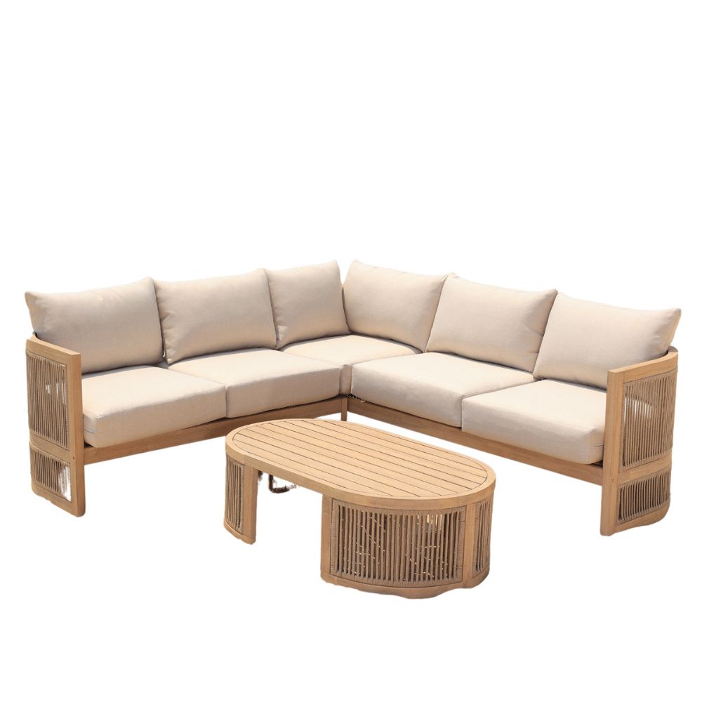 Sectional outdoor sofa with beige cushions and a matching coffee table on a white background