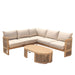 Sectional outdoor sofa with beige cushions and a matching coffee table on a white background
