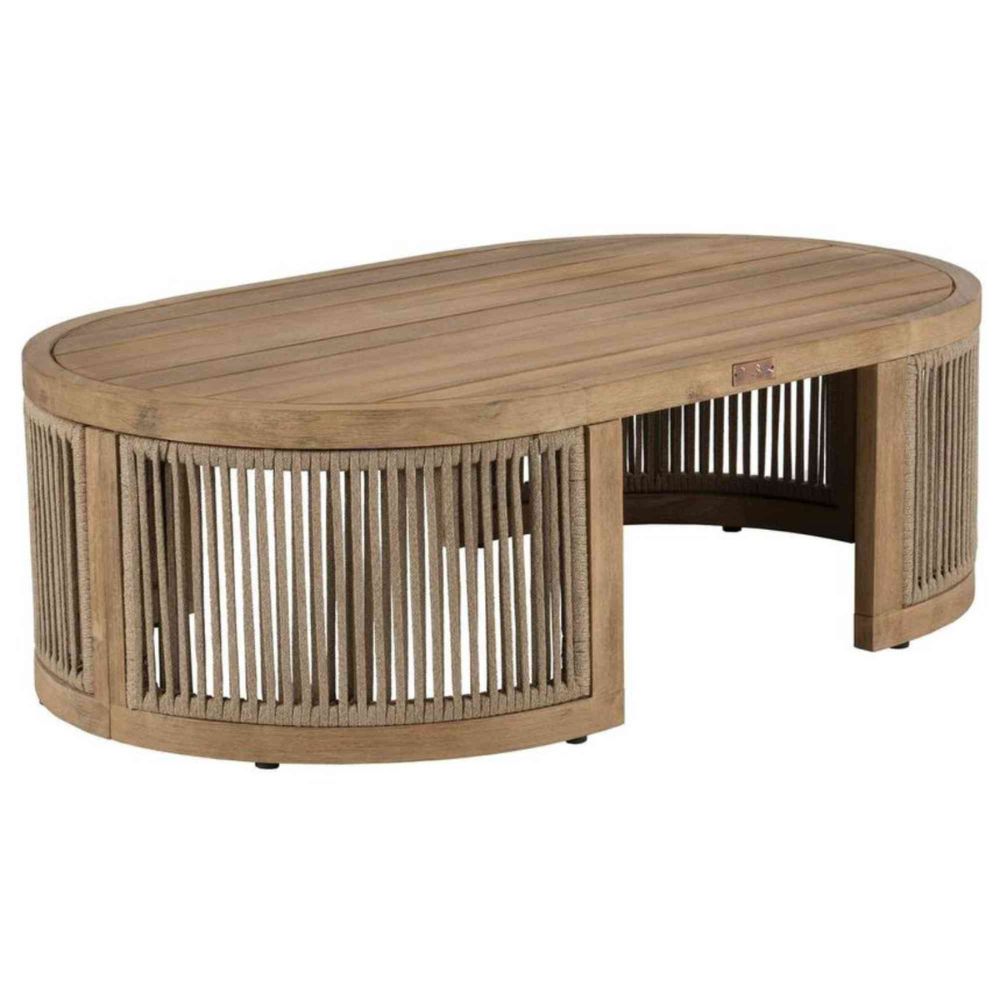 Wooden coffee table with wicker side panels on a white background
