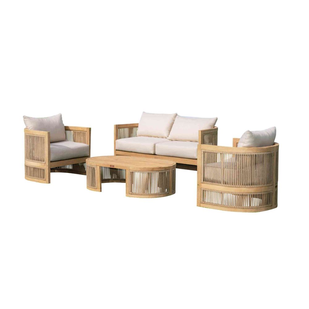 Outdoor furniture set with wooden frames and white cushions on a white background