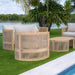 Outdoor furniture set with wooden frames and white cushions by a poolside.