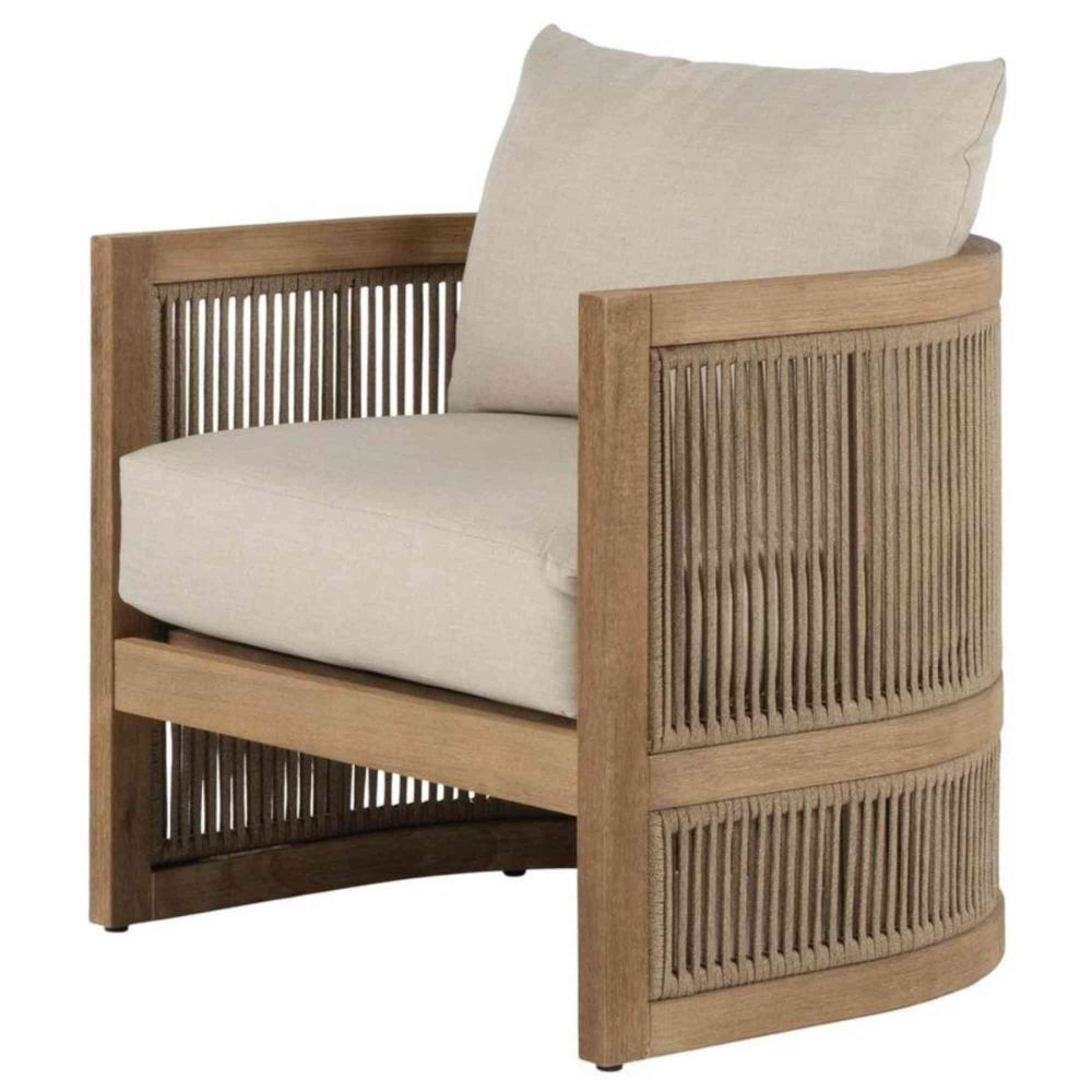 Wooden armchair with beige cushions on a white background