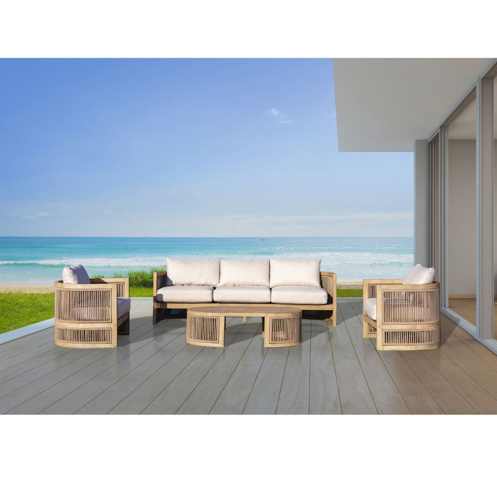Outdoor furniture set on a deck with ocean view