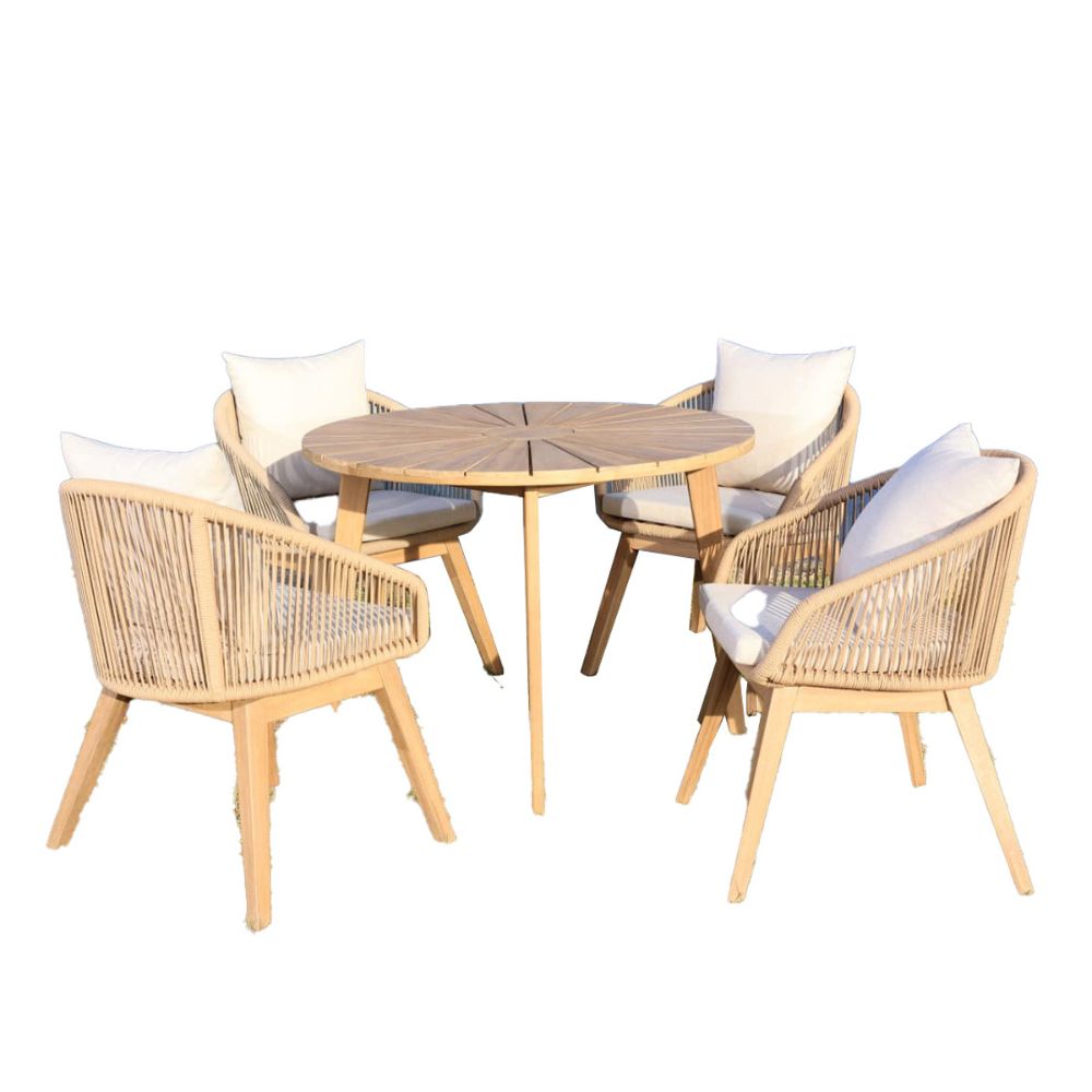 Round wooden table with four matching chairs on a white background