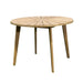Round wooden table with a sunburst design on a white background