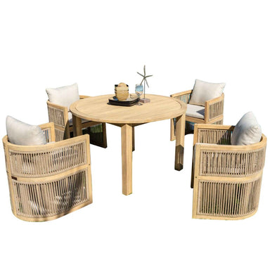 Rattan outdoor furniture set with a round table and chairs on a white background