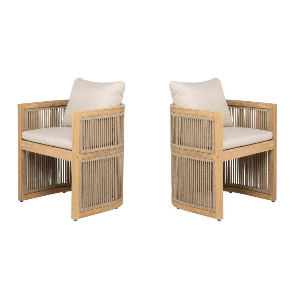 Two wooden chairs with woven backrests and white cushions on a white background