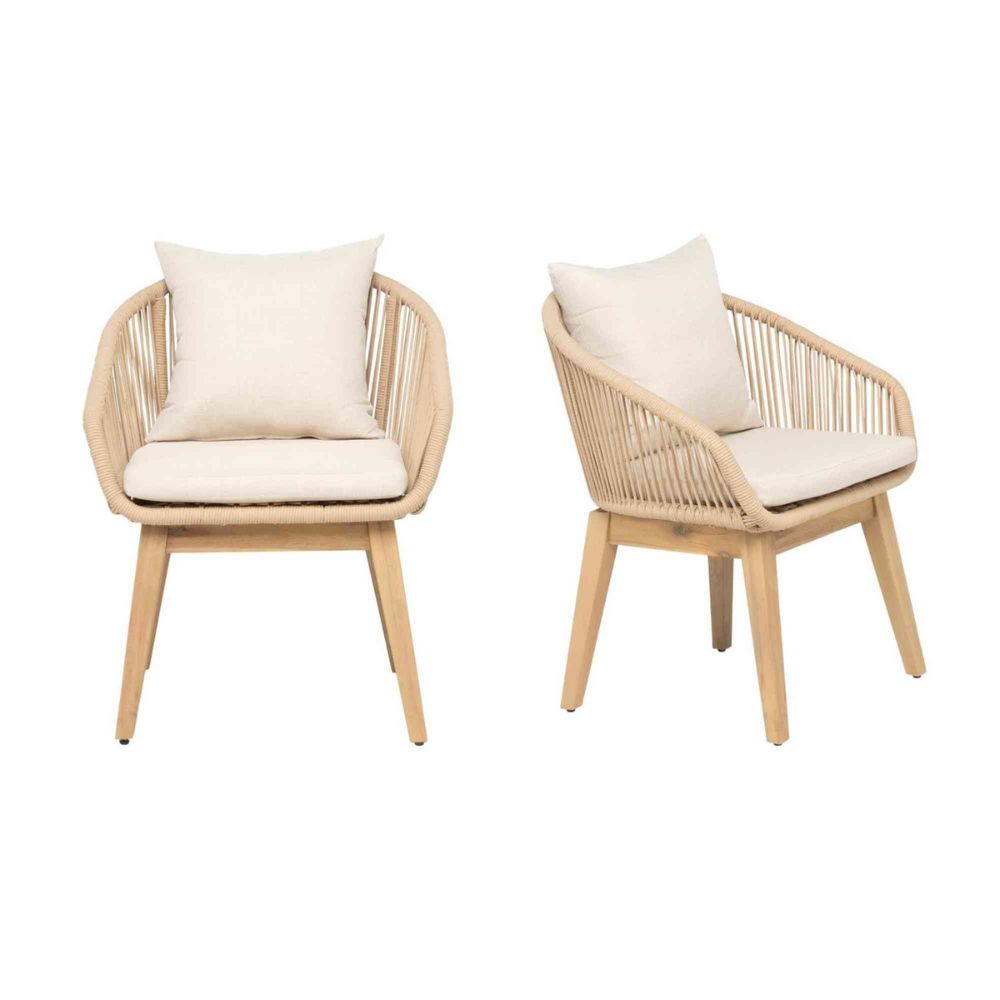 Two wooden armchairs with beige cushions on a white background