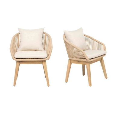 Two wooden armchairs with beige cushions on a white background