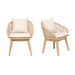 Two wooden armchairs with beige cushions on a white background