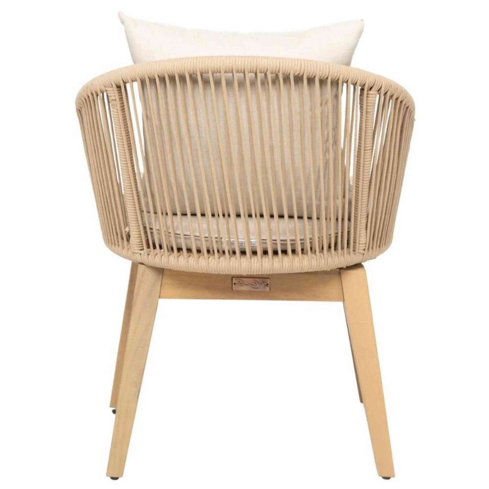 Beige wicker chair with wooden legs on a white background