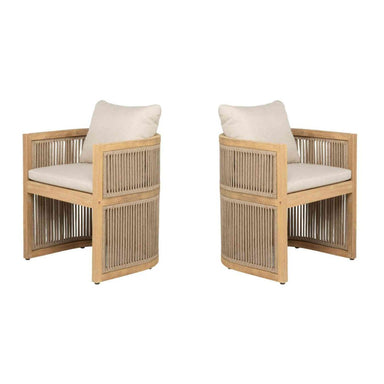 Two wooden chairs with woven backrests and white cushions on a white background